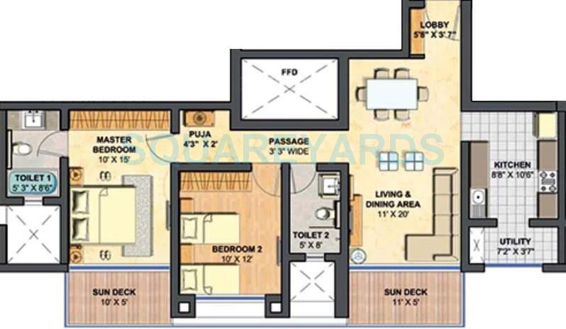 Floor plan of 2 BHK 1305 Sq. Ft. Apartment in Lodha Primero, Mumbai