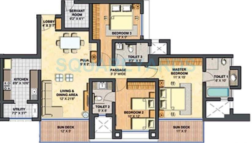 Floor plan of 3 BHK 1701 Sq. Ft. Apartment in Lodha Primero, Mumbai