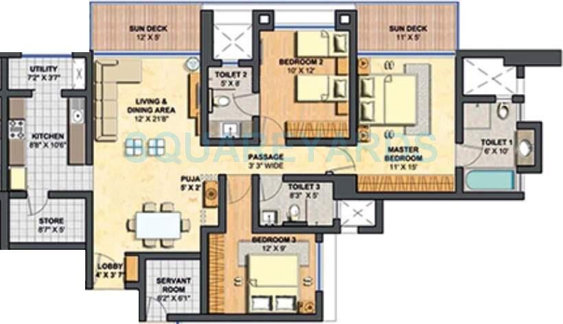 Floor plan of 3 BHK 1728 Sq. Ft. Apartment in Lodha Primero, Mumbai