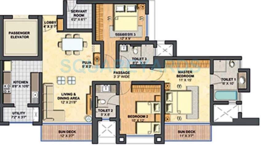Floor plan of 3 BHK 1791 Sq. Ft. Apartment in Lodha Primero, Mumbai