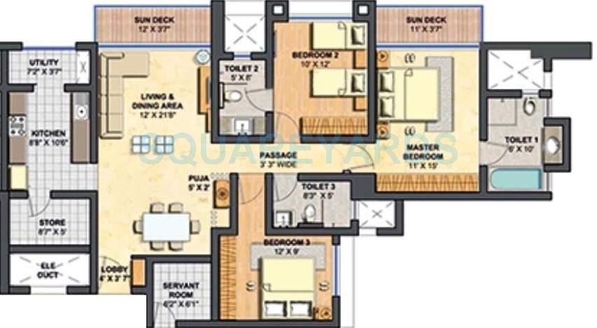 Floor plan of 3 BHK 1818 Sq. Ft. Apartment in Lodha Primero, Mumbai