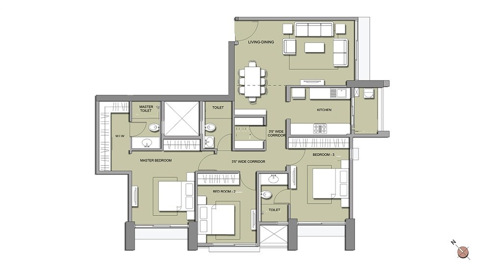 Floor plan of 3 BHK 1082 Sq. Ft. Apartment in Lodha Primo, Mumbai