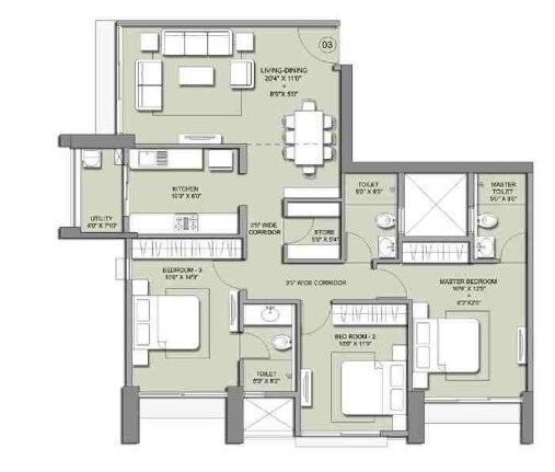 Floor plan of 3 BHK 974 Sq. Ft. Apartment in Lodha Primo, Mumbai