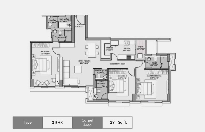 Floor plan of 3 BHK 1291 Sq. Ft. Apartment in Lodha Seamont, Mumbai