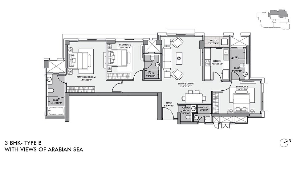 Floor plan of 3 BHK 1978 Sq. Ft. Apartment in Lodha Seaview, Mumbai