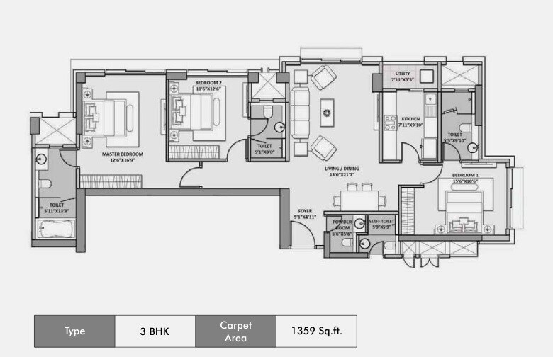 Floor plan of 3 BHK 1359 Sq. Ft. Apartment in Lodha Seaview, Mumbai