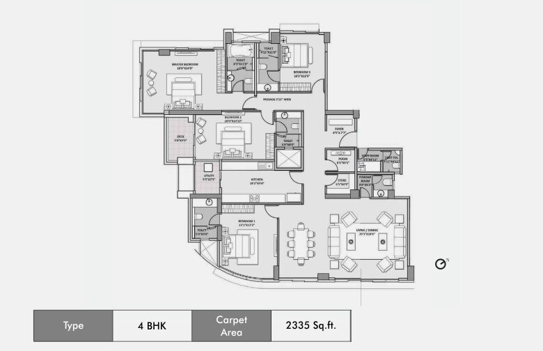 Floor plan of 4 BHK 2335 Sq. Ft. Apartment in Lodha Seaview, Mumbai