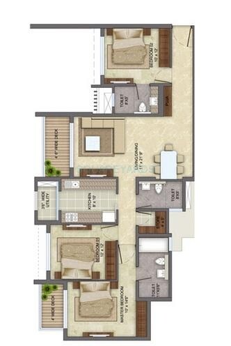 Floor plan of 3 BHK 2016 Sq. Ft. Apartment in Lodha Supernova, Mumbai