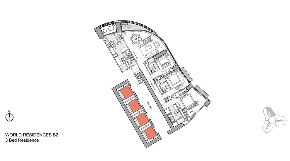 Floor plan of 3 BHK 1536 Sq. Ft. Apartment in Lodha The World Towers World One Tier 3 Trinity, Mumbai