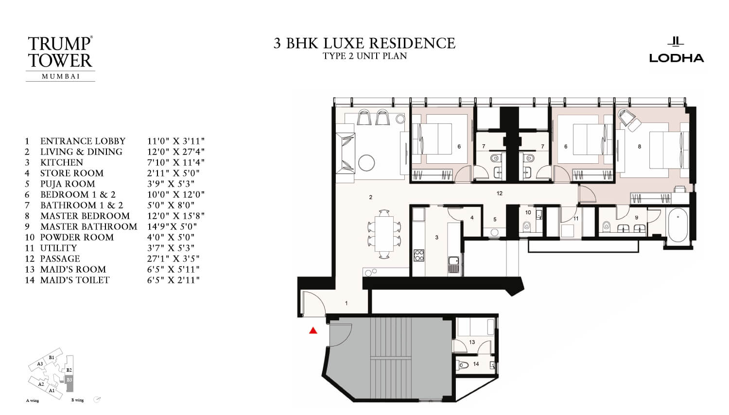  3 BHK Apartment at Lodha Trump Tower, Kamala Mill – for Rent