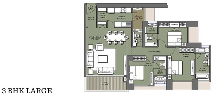 Floor plan of 3 BHK 1213 Sq. Ft. Apartment in Lodha Venezia, Mumbai