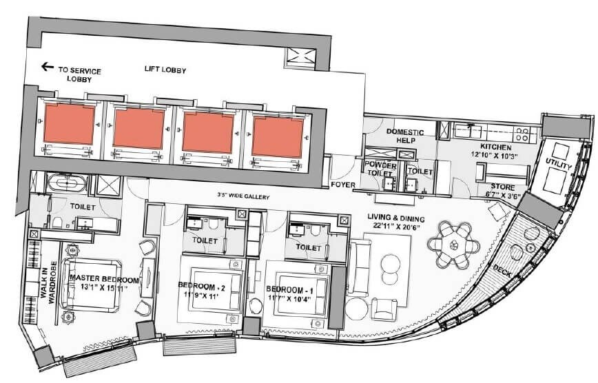 Floor plan of 3 BHK 1553 Sq. Ft. Apartment in Lodha World Crest, Mumbai