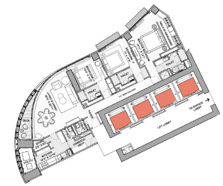 Floor plan of 3 BHK 1536 Sq. Ft. Apartment in Lodha World View, Mumbai