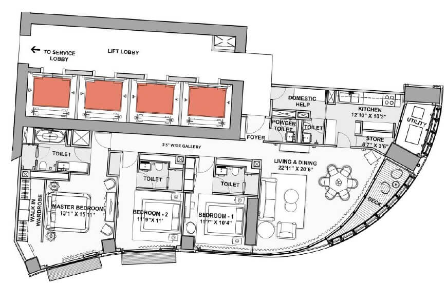Floor plan of 3 BHK 1553 Sq. Ft. Apartment in Lodha World View, Mumbai