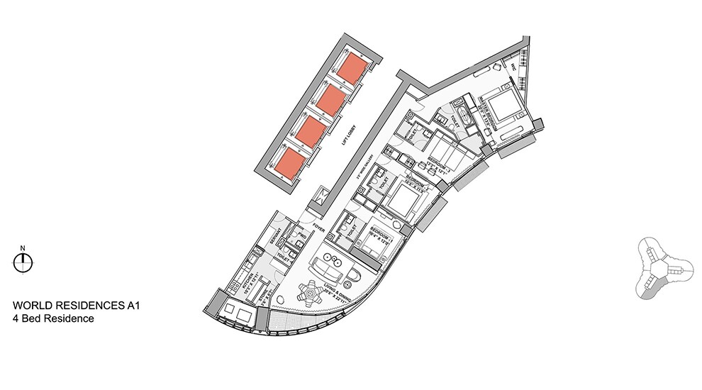 Floor plan of 4 BHK 1821 Sq. Ft. Apartment in Lodha World View, Mumbai