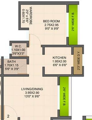 Floor plan of 1 BHK 630 Sq. Ft. Apartment in Lok Raunak B CHS, Mumbai
