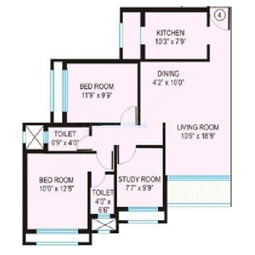 Floor plan of 2 BHK 1255 Sq. Ft. Apartment in Lokhandwala Fountain Heights, Mumbai