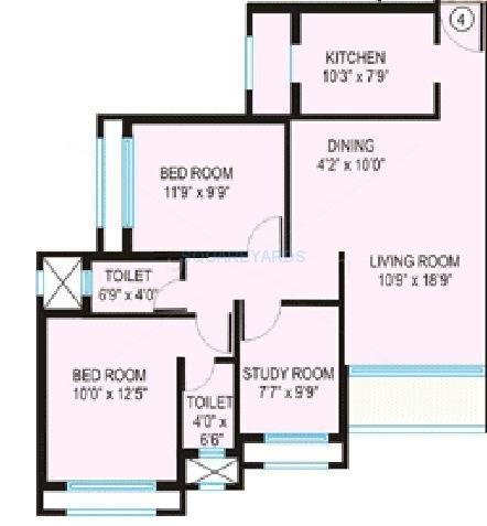 Floor plan of 2 BHK 1330 Sq. Ft. Apartment in Lokhandwala Infrastructure Fountain Heights, Mumbai