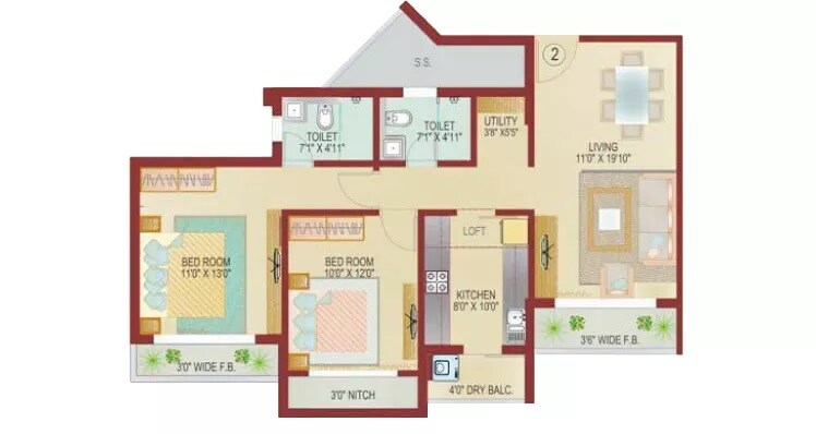 Floor plan of 2 BHK 1120 Sq. Ft. Apartment in Lokhandwala Infrastructure Octacrest, Mumbai