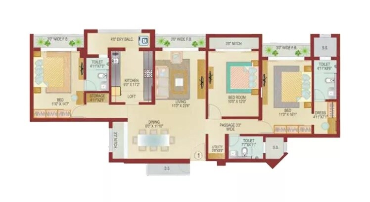 Floor plan of 3 BHK 1750 Sq. Ft. Apartment in Lokhandwala Infrastructure Octacrest, Mumbai
