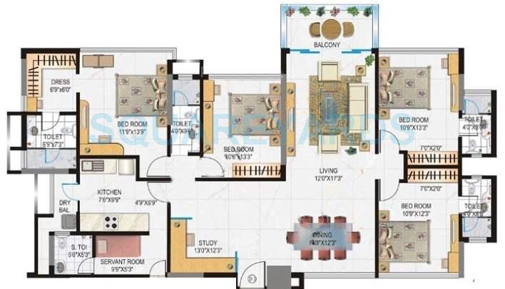 Floor plan of 4 BHK 4900 Sq. Ft. Penthouse in Lokhandwala Infrastructure Whispering Palms XXclus, Mumbai