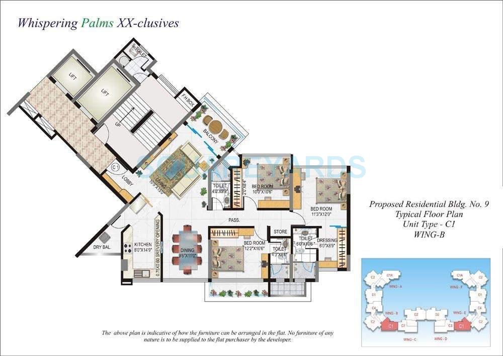 Floor plan of 3 BHK 1660 Sq. Ft. Apartment in Lokhandwala Infrastructure Whispering Palms XXclus, Mumbai