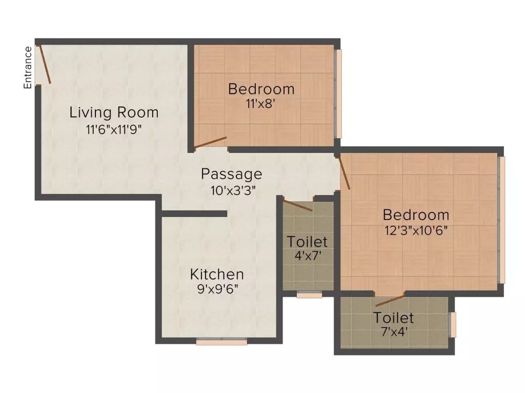 Floor plan of 2 BHK 541 Sq. Ft. Apartment in Lotus  Lotus Heights, Mumbai