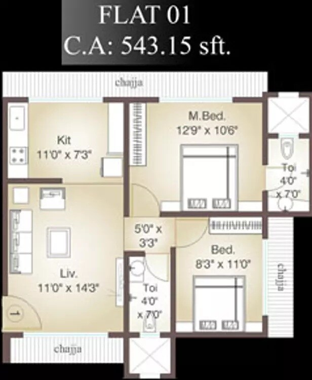 Floor plan of 2 BHK 543 Sq. Ft. Apartment in Lotus  Lotus Heights, Mumbai