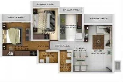 Floor plan of 2 BHK 1010 Sq. Ft. Apartment in Lotus My World, Mumbai