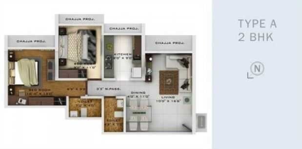 Floor plan of 2 BHK 906 Sq. Ft. Apartment in Lotus My World, Mumbai