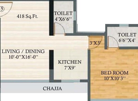 Floor plan of 1 BHK 418 Sq. Ft. Apartment in Lotus Residency Goregaon West, Mumbai