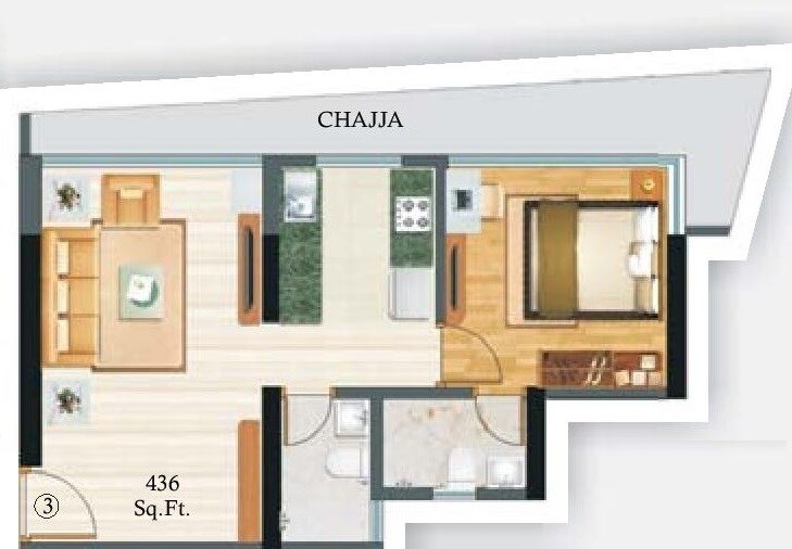 Floor plan of 1 BHK 436 Sq. Ft. Apartment in Lotus Residency Goregaon West, Mumbai