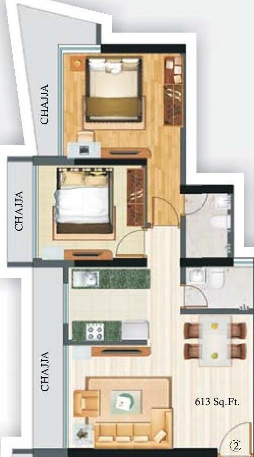 Floor plan of 2 BHK 613 Sq. Ft. Apartment in Lotus Residency Goregaon West, Mumbai