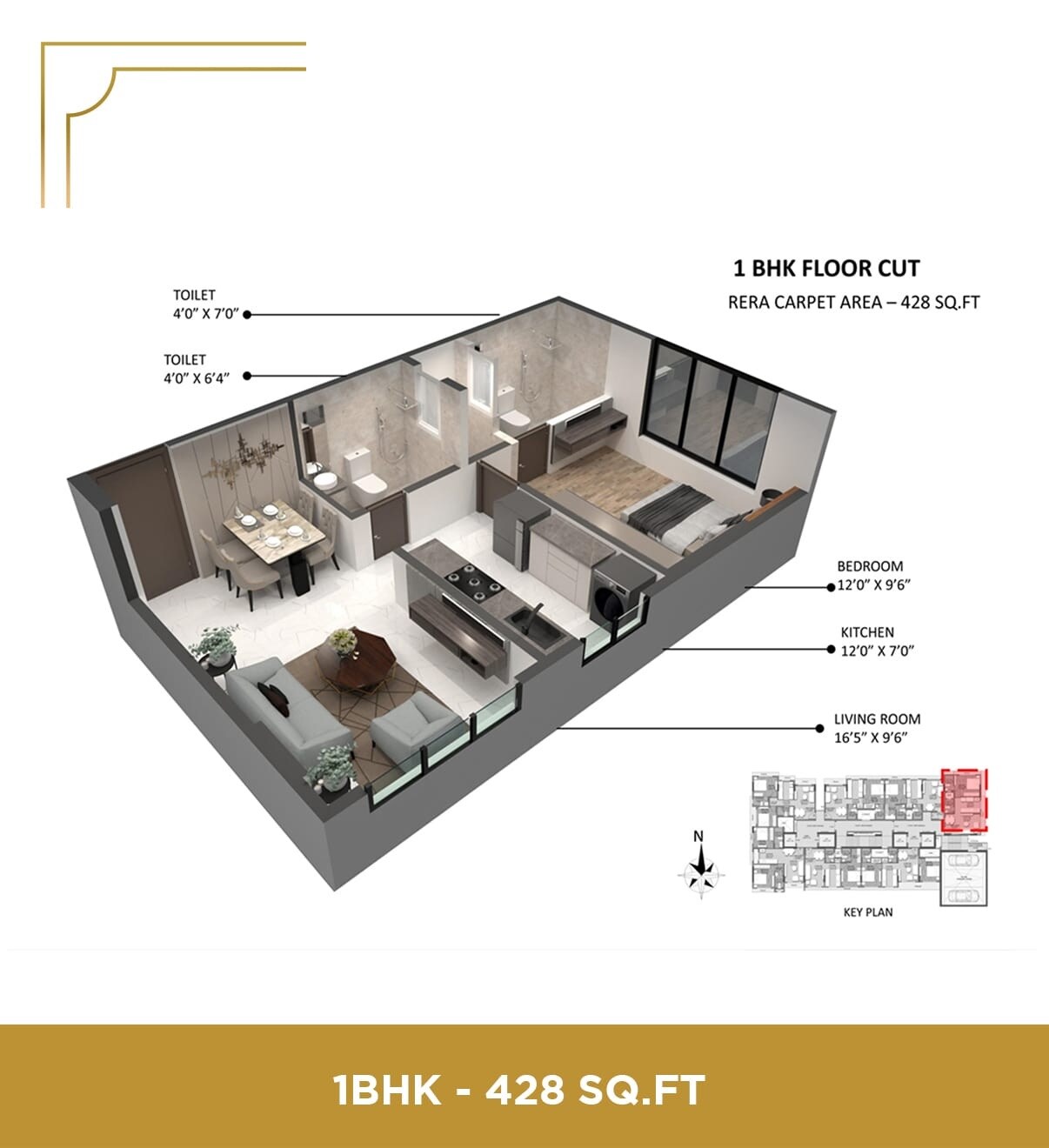 Floor plan of 1 BHK 428 Sq. Ft. Apartment in Lotus Signature, Mumbai