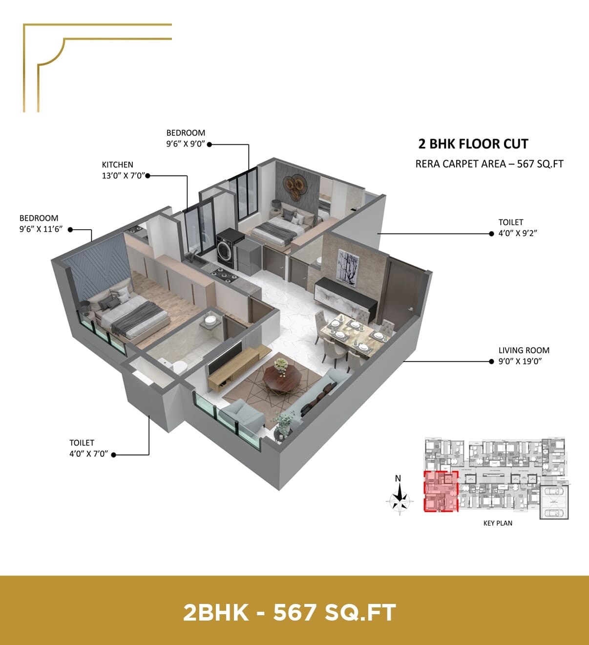 Floor plan of 2 BHK 567 Sq. Ft. Apartment in Lotus Signature, Mumbai
