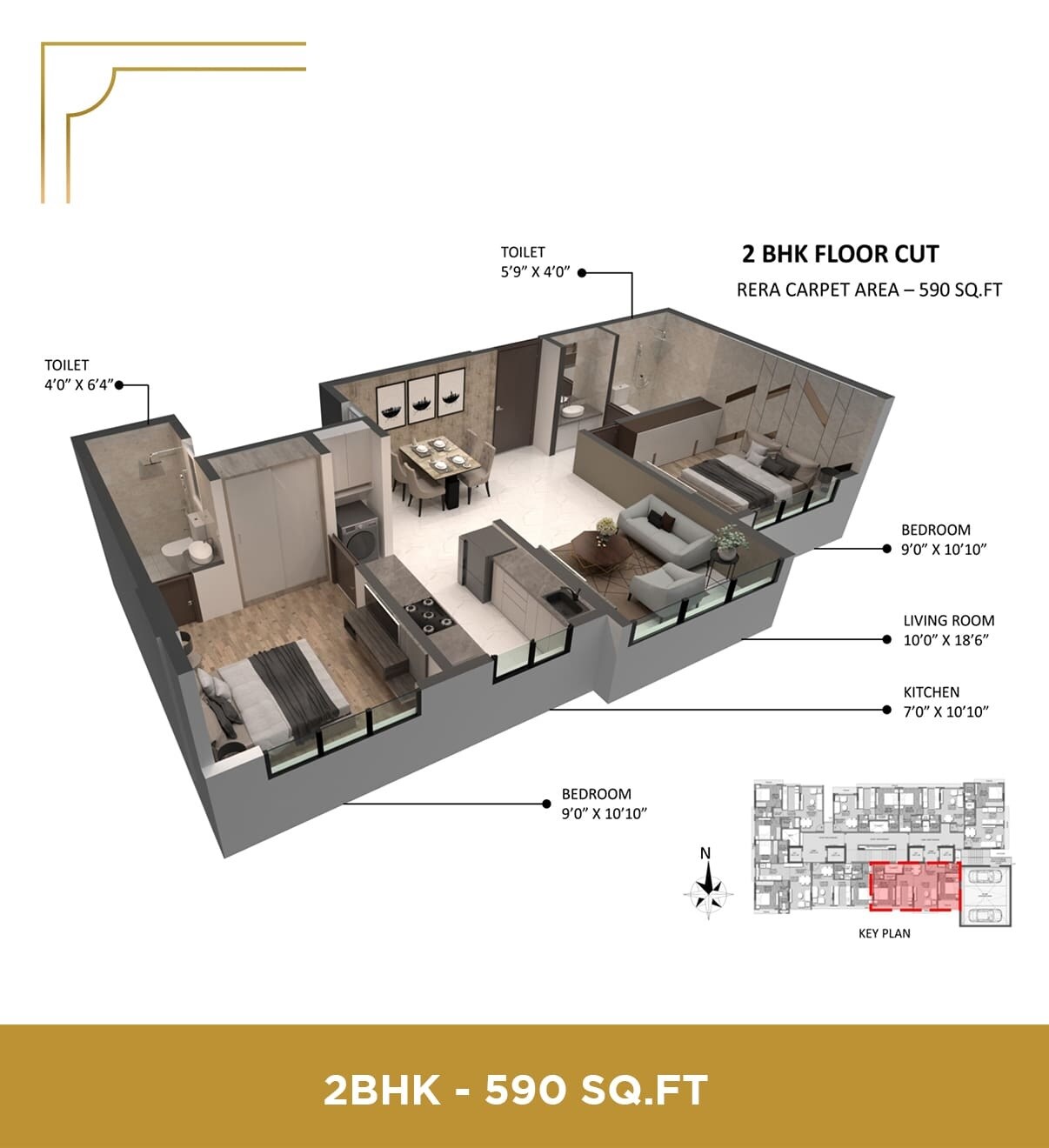 Floor plan of 2 BHK 590 Sq. Ft. Apartment in Lotus Signature, Mumbai