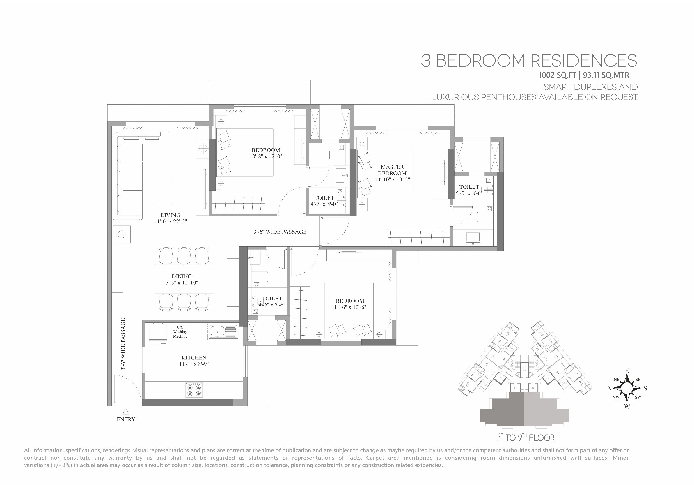 Floor plan of 3 BHK 1003 Sq. Ft. Apartment in Lotus Unity, Mumbai