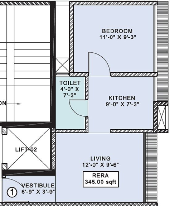 Floor plan of 1 BHK 345 Sq. Ft. Apartment in Louisandra Apartment, Mumbai