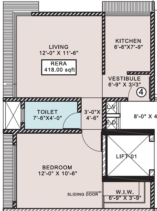 Floor plan of 1 BHK 418 Sq. Ft. Apartment in Louisandra Apartment, Mumbai