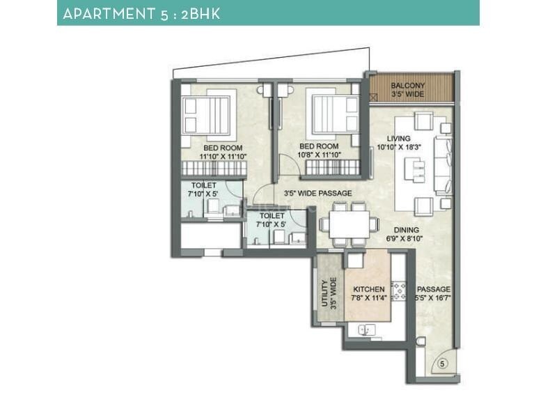 Floor plan of 2 BHK 1332 Sq. Ft. Apartment in Kalpataru Lumina, Mumbai