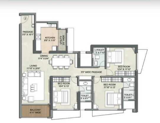 Floor plan of 3 BHK 1935 Sq. Ft. Apartment in Kalpataru Lumina, Mumbai