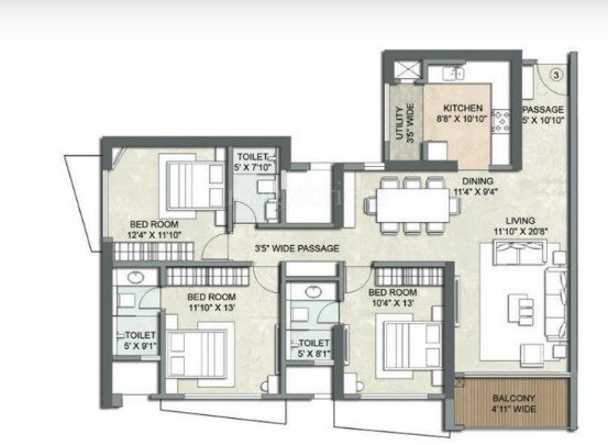 Floor plan of 3 BHK 2008 Sq. Ft. Apartment in Kalpataru Lumina, Mumbai