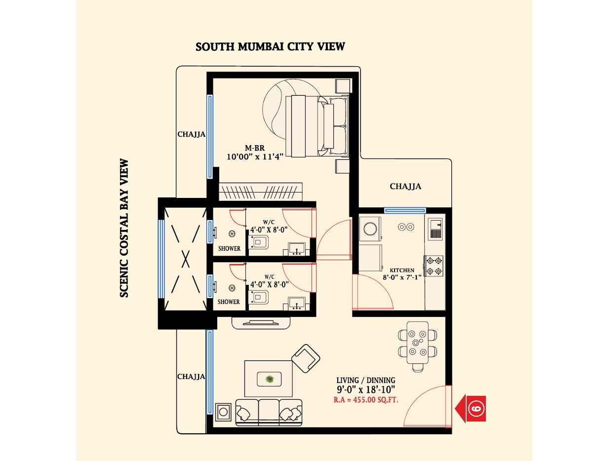 Floor plan of 1 BHK 455 Sq. Ft. Apartment in M4 Cledor, Mumbai