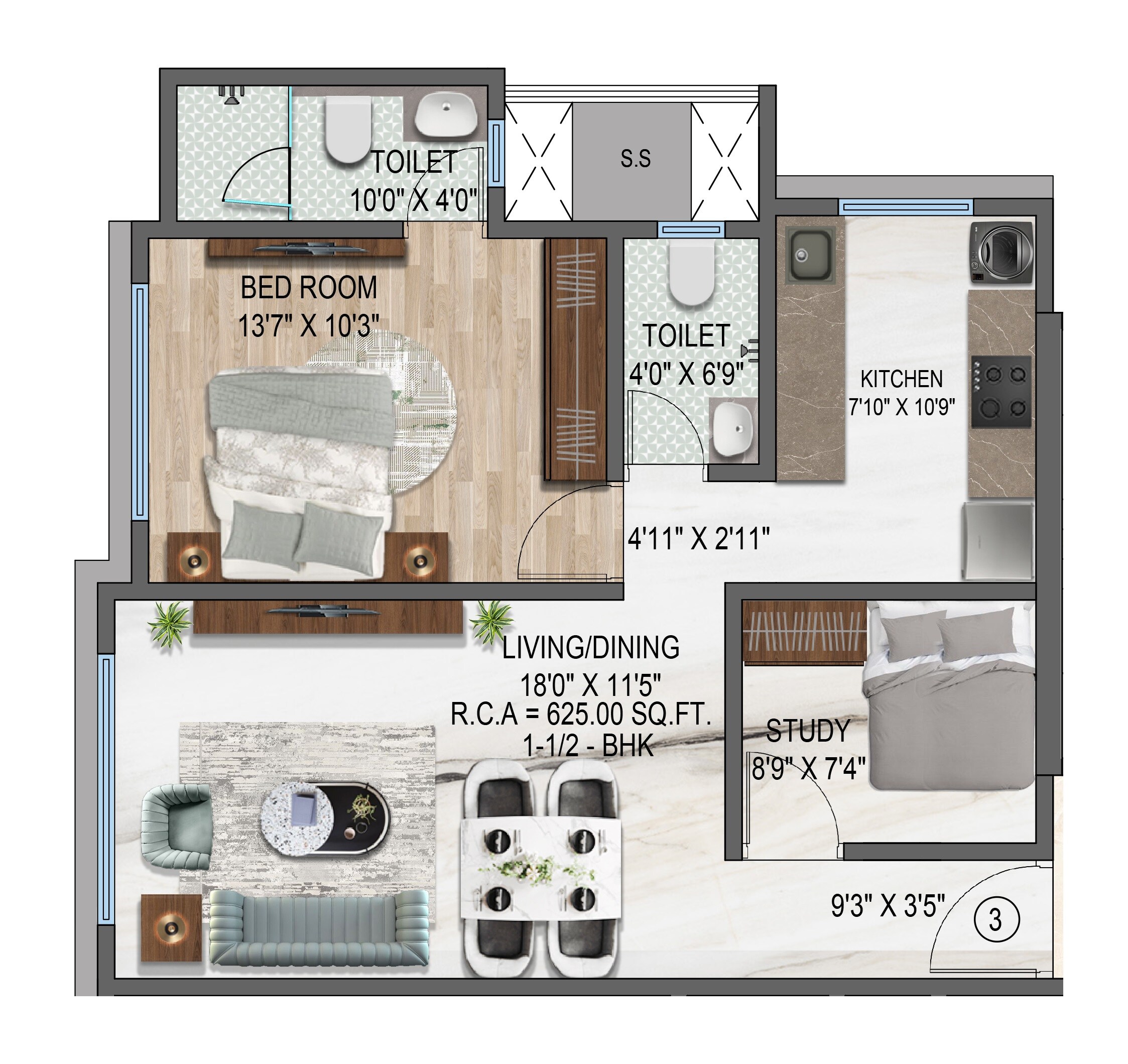 Floor plan of 1 BHK 625 Sq. Ft. Apartment in M4 Ocean View, Mumbai