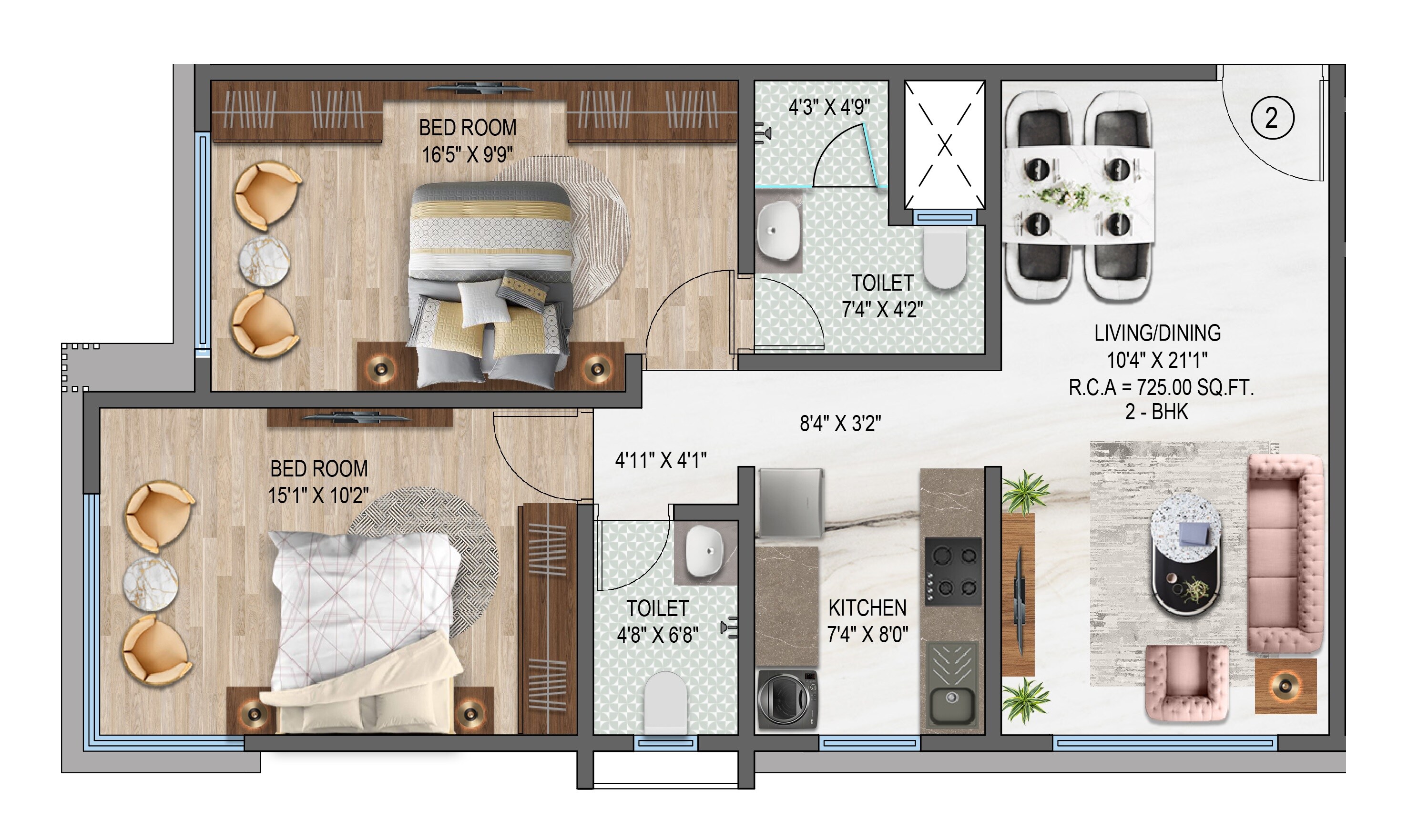 Floor plan of 2 BHK 725 Sq. Ft. Apartment in M4 Ocean View, Mumbai