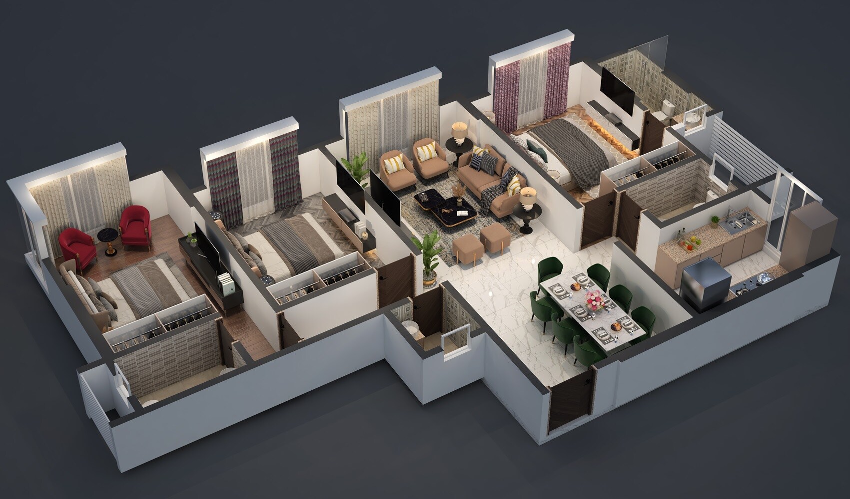 Floor plan of 3 BHK 951 Sq. Ft. Apartment in M4 Ocean View, Mumbai