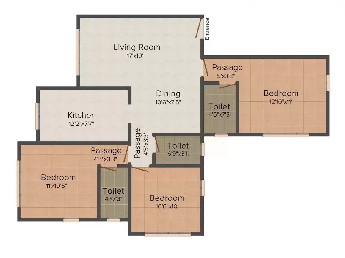 Floor plan of 3 BHK 1005 Sq. Ft. Apartment in Maan Shiv Krupa, Mumbai