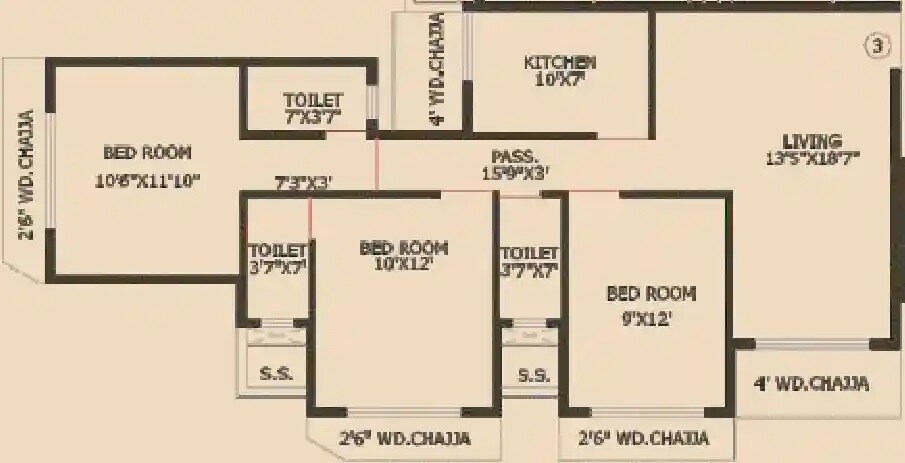 Floor plan of 3 BHK 720 Sq. Ft. Apartment in Madhuban Heights, Mumbai