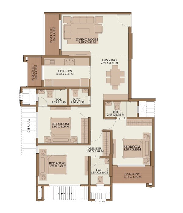 Floor plan of 3 BHK 1181 Sq. Ft. Apartment in Mahalakshmi Anand One, Mumbai