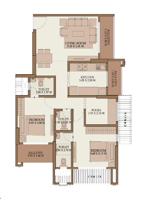 Floor plan of 3 BHK 793 Sq. Ft. Apartment in Mahalakshmi Anand One, Mumbai